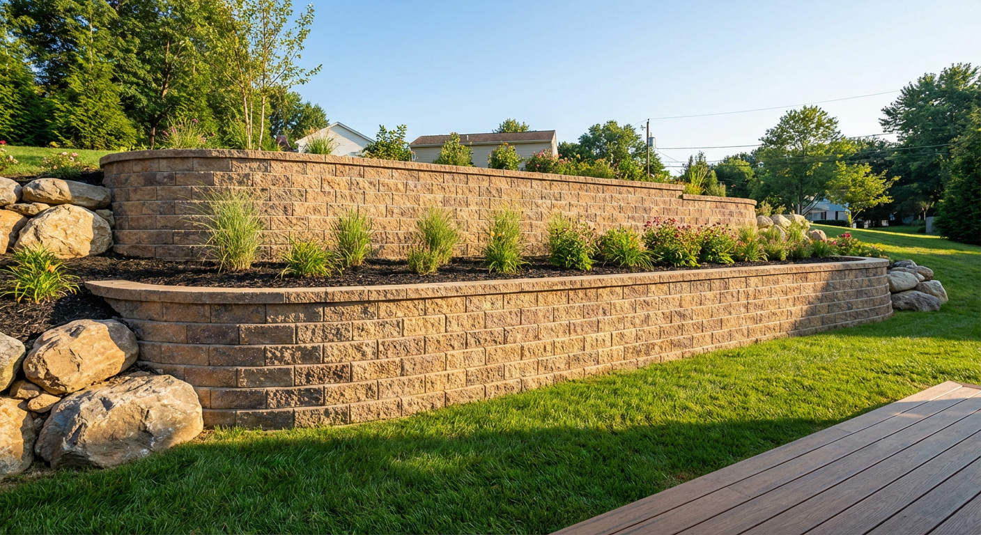 New segmental block retaining wall with perforated drain pipe, fresh gravel base, and clean landscaping after full replacement